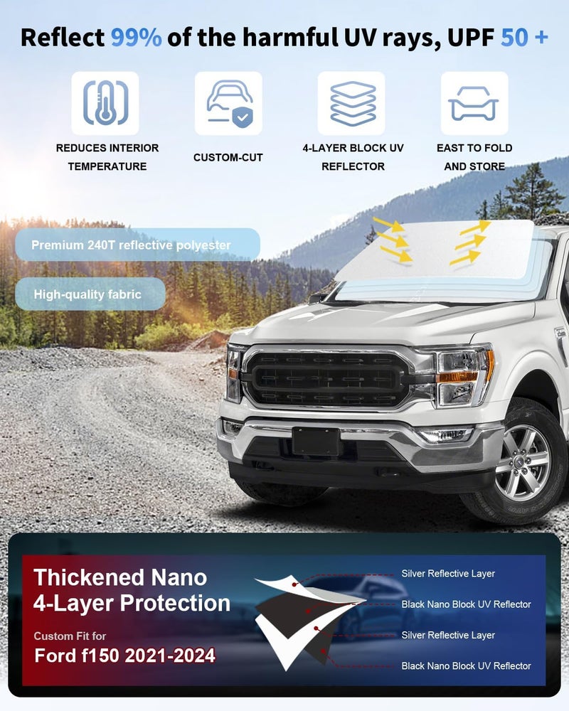 SLOGENTO Custom Fit Windshield Sun Shade for Ford F150 2021-2026, Blocks UV & Heat, Front Window Sunshade, Easy Fold & Store - Image 2